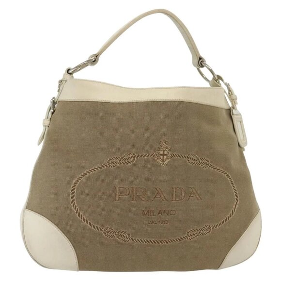 PRADA Shoulder Bag Canvas Beige Silver Auth 138851 - Picture 1 of 16